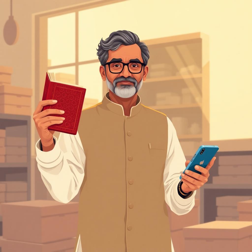 Indian wholesaler with ledger and smartphone